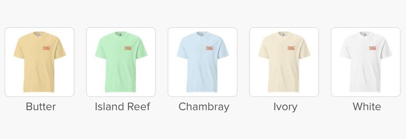May include: Five short-sleeved t-shirts in various colors: butter, island reef, chambray, ivory, and white. Each shirt has a small, red logo on the upper left chest. The shirts are displayed on a white background.