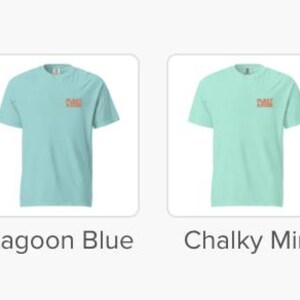 May include: Four short-sleeved t-shirts in different colors: Washed Denim, Lagoon Blue, Chalky Mint, and Blossom. Each shirt has a small, rectangular design on the upper left chest. The shirts are displayed on a white background.