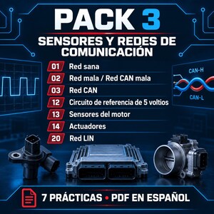 Può includere: Un grafico educativo intitolato PACK 3 SENSORES Y REDES DE COMUNICACIÓN che presenta un elenco di sette argomenti di diagnostica automobilistica, un segnale a onda quadra, uno schema elettrico CAN-H e CAN-L, un sensore, un modulo ECU e un corpo farfallato.