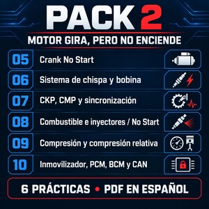 May include: A digital educational graphic titled PACK 2 MOTOR GIRA, PERO NO ENCIENDE. It lists six technical automotive diagnostic topics numbered 05 to 10, including Crank No Start, ignition systems, sensors, fuel injectors, compression, and electronic modules.