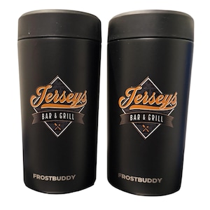 May include: Two black insulated tumblers with the "Jerseys Bar & Grill" logo in orange and white. The logo is set within a diamond shape. The word "Frostbuddy" is printed at the bottom of each tumbler.