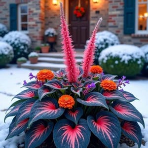 Puede incluir: Una vibrante escena de jardín de invierno. La planta presenta hojas grandes, de color azul verdoso oscuro con vetas rojas, flores naranjas y altas flores rosas y puntiagudas. La escena se desarrolla sobre un fondo nevado frente a una casa de ladrillo.