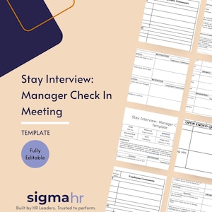 Könnte beinhalten: Eine Vorlage für ein "Stay Interview: Manager Check In Meeting" wird angezeigt. Das Design weist ein marineblaues und weißes Farbschema mit dem Text "Stay Interview: Manager Check In Meeting" und "TEMPLATE" auf. Ein blauer Kreis zeigt "Fully Editable".