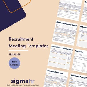 May include: A collection of recruitment meeting templates, including HR phone screen, interview, and candidate rating templates. The templates are fully editable and designed for HR professionals. The image features the text "Recruitment Meeting Templates".