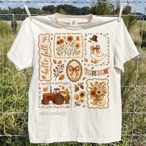 Pode incluir: Camiseta creme com uma colagem de gráficos com tema de outono. O design inclui arranjos florais, um ganso usando um chapéu, um trator com abóboras e o texto "hello fall". A camisa está pendurada em um varal.