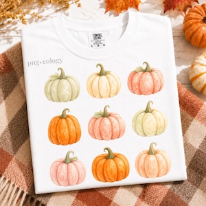Może przedstawiać: Biały t-shirt z nadrukiem graficznym przedstawiającym dziewięć dyń w różnych pastelowych i jesiennych kolorach, w tym odcieniach pomarańczu, brzoskwini, kremu i szałwiowej zieleni. Koszulka ma okrągły dekolt i metkę marki Comfort Colors.