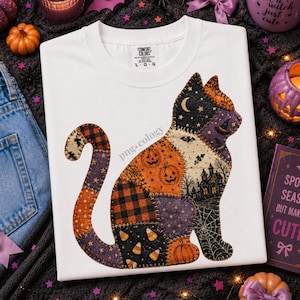 Patchwork Halloween Cat PNG, Vintage Spooky Halloween PNG, Quilted Halloween PNG, Spooky Season Sublimation, Trending Fall Boutique Design