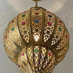 Handmade Moroccan Brass Pendant Light - Jeweled Boho Ceiling Chandelier - Intricate Cutout Pendant Fixture - Vintage Brass Hanging Lamp