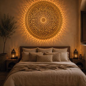 Peut inclure: Une grande applique murale circulaire de couleur dorée présentant un motif mandala complexe et perforé qui projette une lueur rayonnante sur le mur. La lumière est installée au-dessus d'un lit avec une literie et des oreillers de couleur neutre.