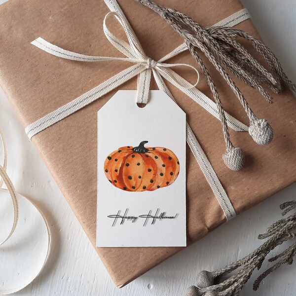 Editable 2" X 3.5" Tags, Printable, Orange Pumpkin with Black Polk-A-Dots Halloween Gift Tag, Favor Tags, Instant Download