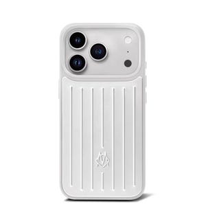 May include: A white phone case with a textured, vertical-lined design. The case has a camera cutout with three lenses and a flash. The bottom of the case features a logo. The case is designed to protect a smartphone.