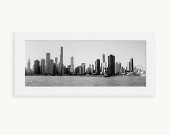 Impression de photographie de la ligne d'horizon de Chicago, art mural panoramique noir et blanc, paysage urbain du lac Michigan, photo d'Architecture urbaine