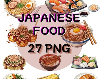 Japanese Food Clipart Set, 27 PNG Watercolor Kawaii Food, Sushi Ramen Bento Illustration, Cute Japan Food Graphics, Instant Download