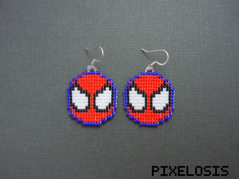 Nerdy Pixelated 8 Bit Glass Bead Spiderman Emblem Earrings Video Game Super Hero Jewelry Miniature Pixel Art Geeky Comic Book Jewelry