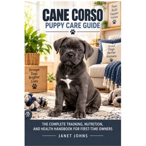 Op de afbeelding: Een boek getiteld Cane Corso Puppy Care Guide door Janet Johns. De kaft toont een donkergrijze puppy met een witte borstvlek die op een vloerkleed met patronen zit. De ondertitel luidt The Complete Training, Nutrition, and Health Handbook for First-Time Owners.