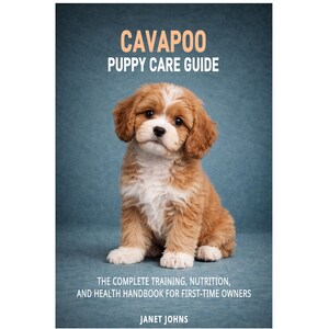 Puede incluir: Un cachorro de Cavapoo está sentado frente a un fondo azul. La portada del libro dice "CAVAPOO PUPPY CARE GUIDE" con el texto debajo que dice "THE COMPLETE TRAINING, NUTRITION, AND HEALTH HANDBOOK FOR FIRST-TIME OWNERS" por Janet Johns.