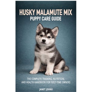 Puede incluir: Portada de libro con un cachorro de Husky Malamute mix, con pelaje negro, blanco y gris, sobre un fondo azul. El título es "Husky Malamute Mix Puppy Care Guide". El libro es una guía para nuevos propietarios, enfocada en entrenamiento y nutrición.