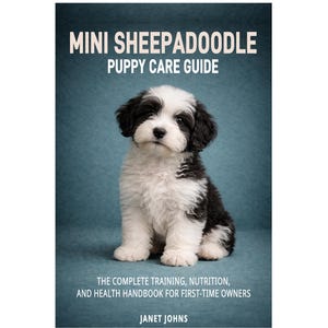 Op de afbeelding: Boekomslag met de titel "MINI SHEEPADOODLE PUPPY CARE GUIDE" en een foto van een zwart-witte puppy. De tekst onder de puppy luidt "THE COMPLETE TRAINING, NUTRITION, AND HEALTH HANDBOOK FOR FIRST-TIME OWNERS" en "JANET JOHNS".