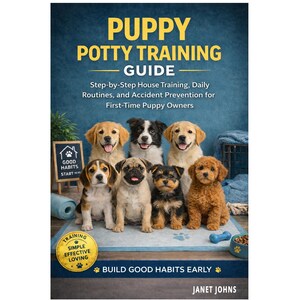 Puede incluir: Portada del libro "Guía de entrenamiento para ir al baño para cachorros" con un fondo azul y cachorros. La portada incluye texto sobre entrenamiento en casa y prevención de accidentes. Un letrero pequeño dice "Los buenos hábitos comienzan aquí."