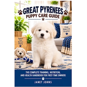 Pode incluir: Um livro intitulado Great Pyrenees Puppy Care Guide de Janet Johns. A capa mostra um filhote branco em um tapete azul e branco, com o texto The Complete Training, Nutrition, and Health Handbook for First-Time Owners.