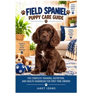 Könnte beinhalten: Ein Buch mit dem Titel Field Spaniel Puppy Care Guide von Janet Johns. Das Cover zeigt einen braunen Welpen, einen blauen Ball und Text, darunter The Complete Training, Nutrition, and Health Handbook for First-Time Owners, Explore Train Bond Belong, Paws People Better Lives und Happy Healthy Dogs Happier Lives.