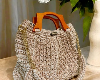 Bolso de diseñador de crochet con asas de madera: bolso de lujo con estructura de hilo náutico