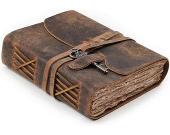 A6 Leather Journal, Handmade Deckle Edge Paper, Vintage Key Closure, Book of Shadows