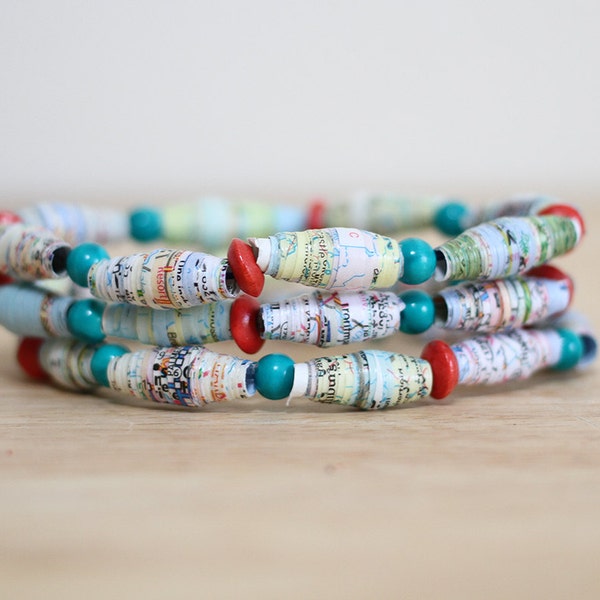 Map Bracelet Made From Recycled Road Atlas Map, Paper Bead Bracelet Set, World Traveler, Adventure Time, Traveler Gift. Map Bracelet