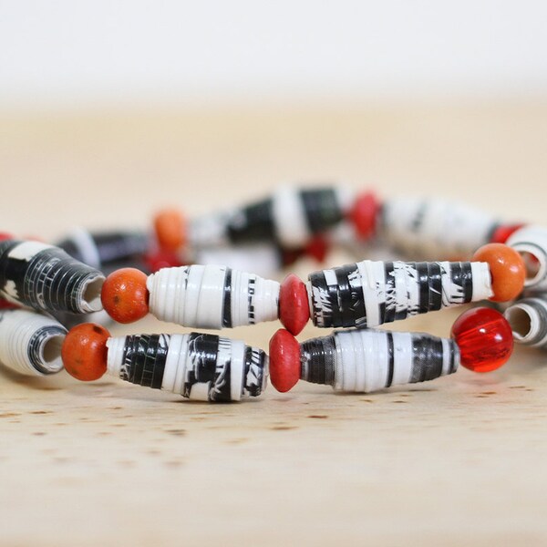 Recycled Paper Bead Bracelet, Made With Recycled Book Pages, Red Bracelet, Black and White, Teacher Gift, Librarian Gift, Book Lover