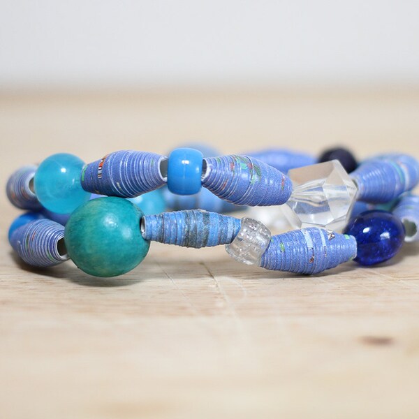 Bright Blue Recycled Paper Bead Bracelet Set, Summer Bracelet Set, Funky Bracelet Set, Eco Friendly Fashion