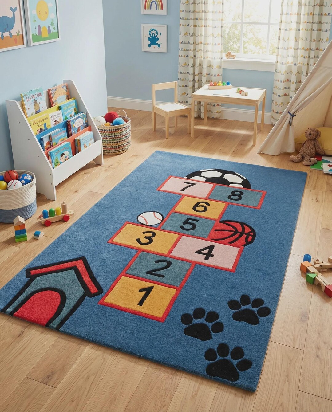 Handmade Wool Kids Rug: Blue Hopscotch Design, Playroom Décor - Etsy
