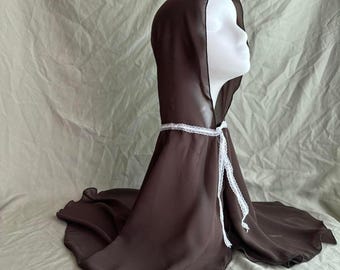 handmade brown white lace trim sheer-mesh hooded cape