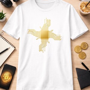 Könnte beinhalten: Weißes T-Shirt mit einem goldfarbenen Leiterplatten-Design. Die Grafik ist mittig platziert und hat eine quadratische Mitte mit radialen Linien. Das T-Shirt liegt auf einer Holzoberfläche mit Laptop, Kopfhörern und Bitcoin-bezogenen Gegenständen.
