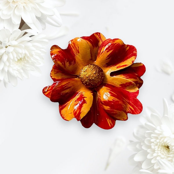 Large Brooch, Orange and Yellow Flower, Collectible Enamel Sixties Boho Style Pin