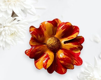 Large Brooch, Orange and Yellow Flower, Collectible Enamel Sixties Boho Style Pin