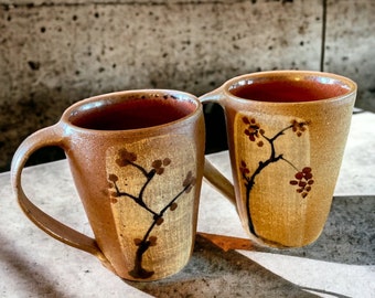 Vintage Set of Two Handmade Rustic Pottery Coffee/Tea Mugs Carmel Color with Red Berry Tree Design