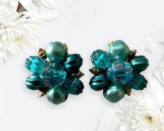 Vintage Aqua Blue/Green Clip On Earrings, 1950s Beaded Cluster Flower Earrings, Mid Century "Mad Men" Style, Made in Western Germany