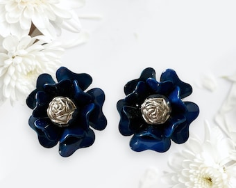 Vintage Navy Clip On Earrings, 1950s Flower Earrings Made by Coro