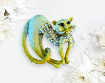 Yellow Cat Enamel Brooch with Rhinestones Body and Eyes, Collectible Sixties Style