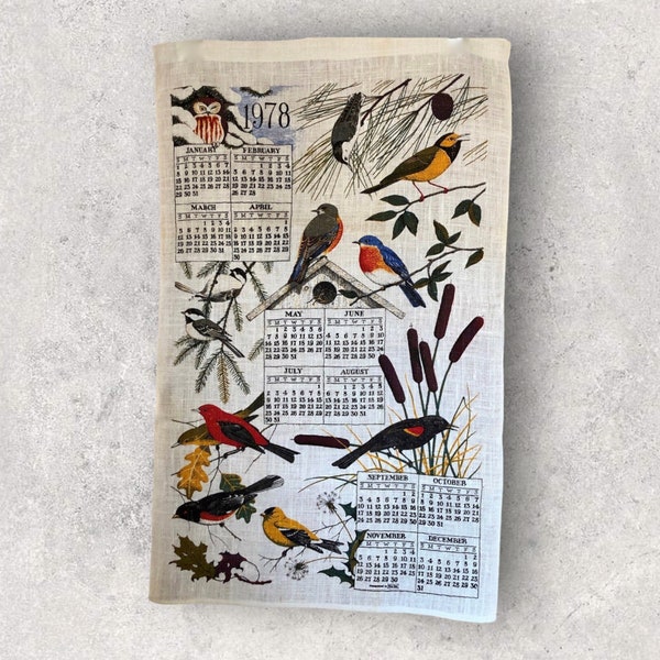 Linen Calendar Tea Towel (Various Years) Vintage Bird Themed Collectible Kitchen Towel  Perfect for Bird Lovers, Screen Printed