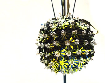 Vintage Ornament, Handmade Beaded Christmas Ornament, 1960's Retro Ornament/Green and Silver Beaded Pearl Round Ornament