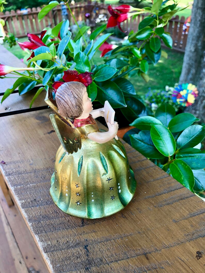 Christmas Collectible circa 1950s Made in Italy Vintage Anri Angel Hand Carved Iridescent GoldGreen Caroler Figurine