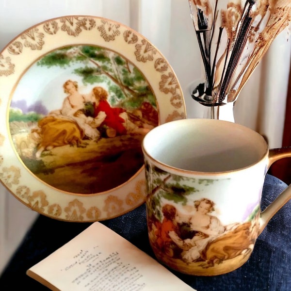 Vintage Cup and Saucer, Vienna Style Courting Couple Transfer Ware of Francois Boucher Painting “La Marotte”Circa Early 1900s