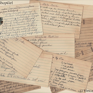 Descarga digital instantánea tarjetas de recetas vintage, imprimibles, tarjetas de recetas escritas a mano, hojas de collage de descarga instantánea, doce (12) tarjetas de índice