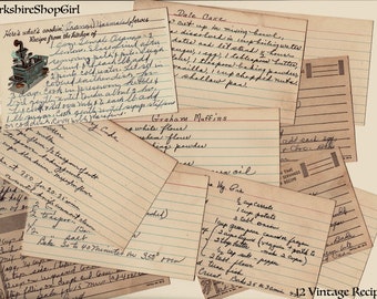 Vintage handgeschreven receptenkaarten: afdrukbare indexkaartcollage (digitale download)