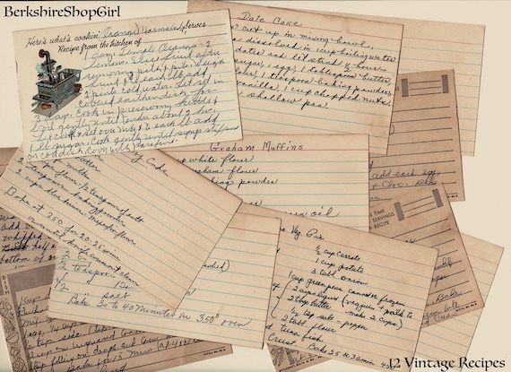 Vintage Handwritten Recipe Cards: Printable Index Card Collage (Digital Download)