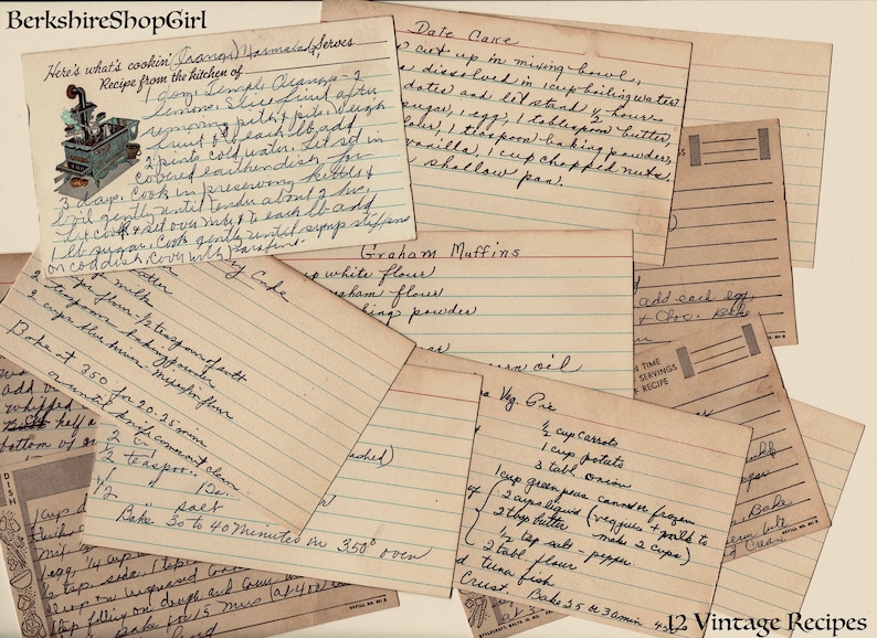 May include: A collection of 12 vintage recipe cards with handwritten instructions for various dishes, including Date Cake, Graham Muffins, and Vegetable Soup. The cards are on a light brown background.