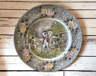 Husking Vintage Colored Engraved Collectible Display Plate by N. Currier Lithographer Series Made by William Adams and Sons