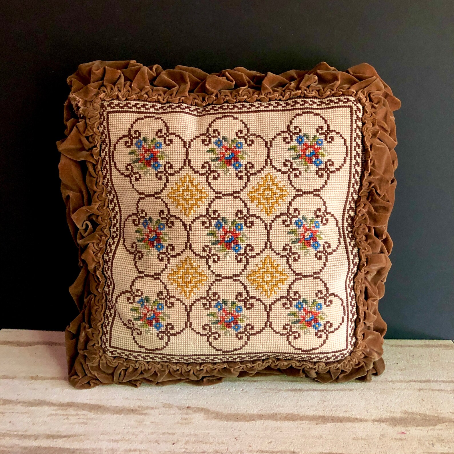 Vintage Needlepoint Throw Pillow Cover Geometric Floral Etsy
