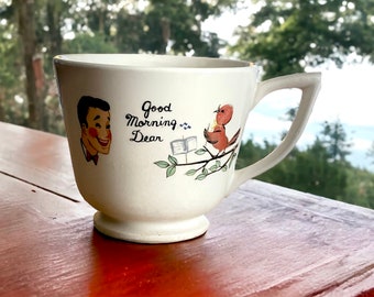 Vintage Ceramic Good Morning Coffee/Tea Mug, Happy and Grouchy Face with Owl and Redbird, Mid Century